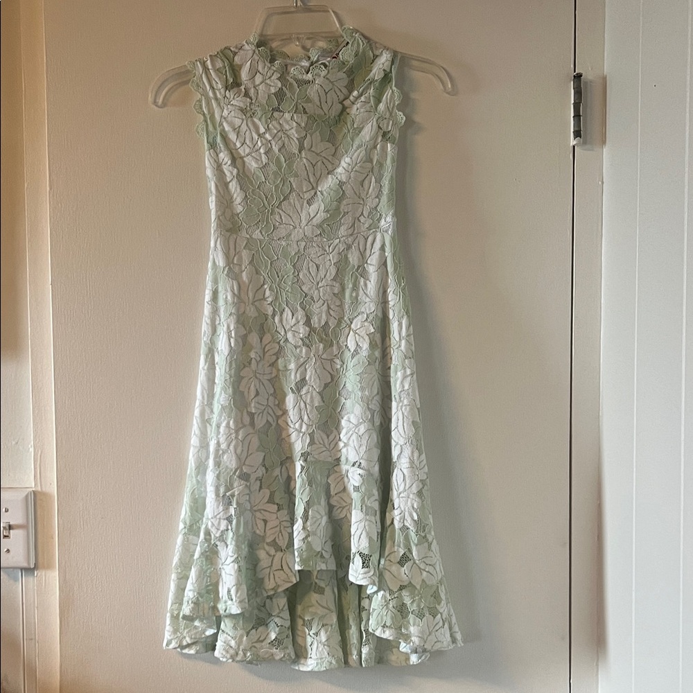 Poppies and Roses sage green and white lace dress